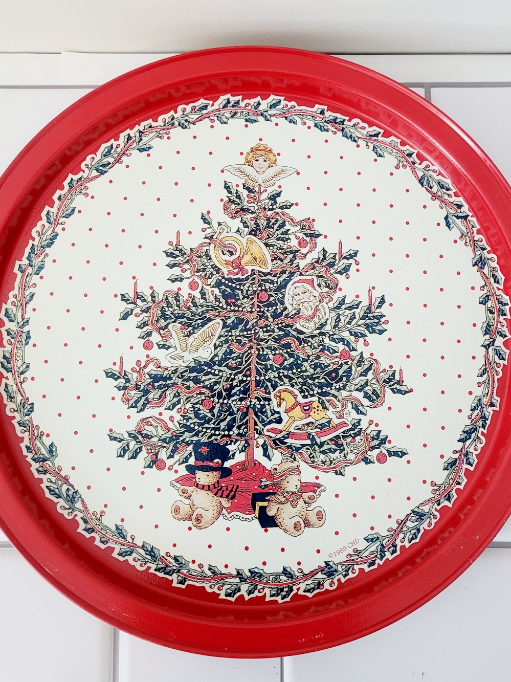 Holiday Decorative Serving Tray in Red with Christmas Tree Motif